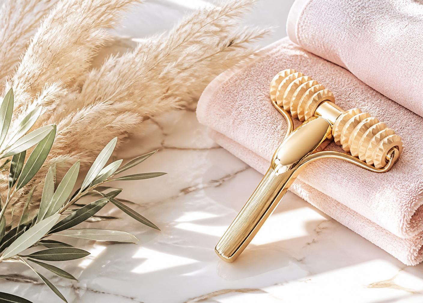 Gold wood therapy roller resting on blush towels