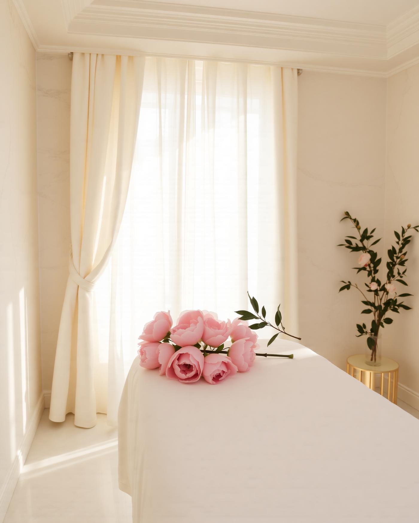 Sunlit Velune Wellness treatment suite with peonies on white linen